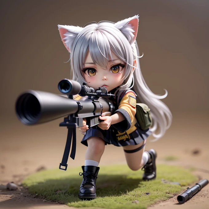 (Chibi Character:1.3), A silver-haired girl with cat ears wearing a military uniform, ponytail, mini skirt, See-through tights, Combat Boots, (Open the chest:1.3), Lying face down and looking at the viewer, Shoot the viewer with a sniper rifle, Skyscraper rooftop, A quiet night full of tension, Night city background, moonlight