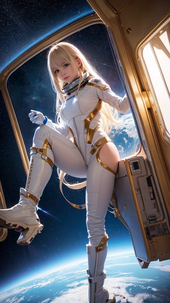 Profiling full-body shot of a blonde-haired astronaut suspended in mid-air amidst a gleaming spaceship's interior. Her eyes are wide open, drinking in the breathtaking view of the galaxy outside through the massive viewport. The soft glow of the ship's lights illuminates her striking features and glistening silver-gold latex spacesuit, complete with gloves and boots. Captured on Canon 5D Mark IV using Kodak Ektar film, this stunning image captures every detail of this ethereal scene.