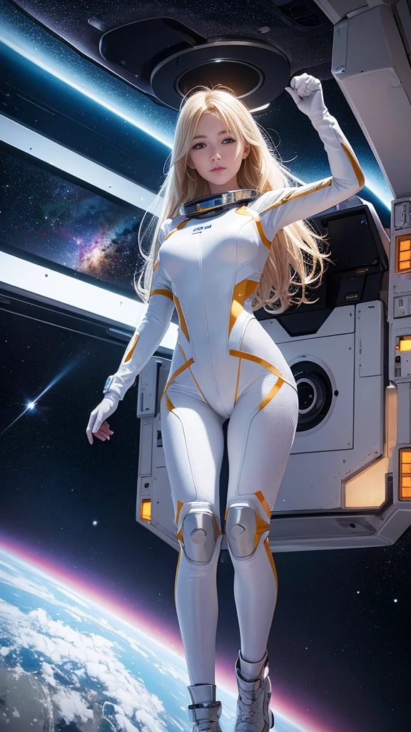 Profiling full-body shot of a blonde-haired astronaut suspended in mid-air amidst a gleaming spaceship's interior. Her eyes are wide open, drinking in the breathtaking view of the galaxy outside through the massive viewport. The soft glow of the ship's lights illuminates her striking features and glistening silver-gold latex spacesuit, complete with gloves and boots. Captured on Canon 5D Mark IV using Kodak Ektar film, this stunning image captures every detail of this ethereal scene.