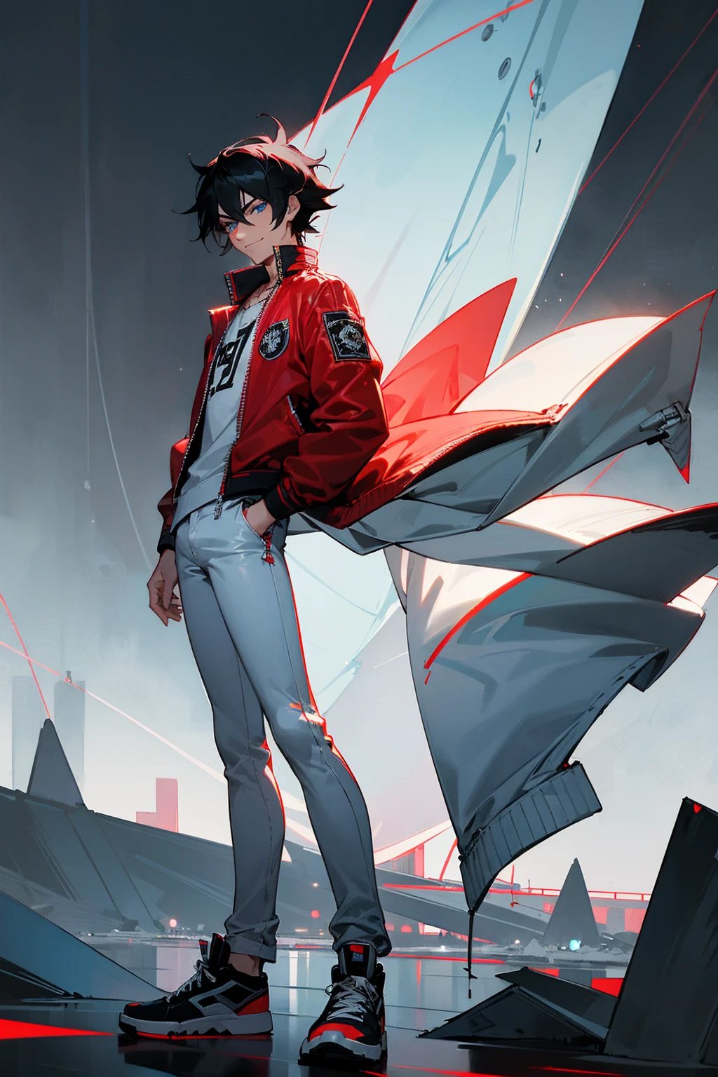 1male, jet black hair, tousled with a side part, sharp blue eyes, confident smirk, silver chain around his neck, red bomber jacket, white graphic tee, dark jeans, black sneakers, nighttime cityscape background with twinkling lights, detailed face, hands to side, standing on path