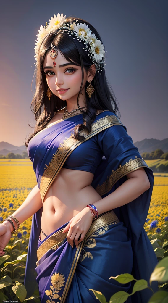Beautiful indian girl black hair smile face dream full eyes come form heaven blue saree,flower field background nurturescape midnight ultra realistic 8k