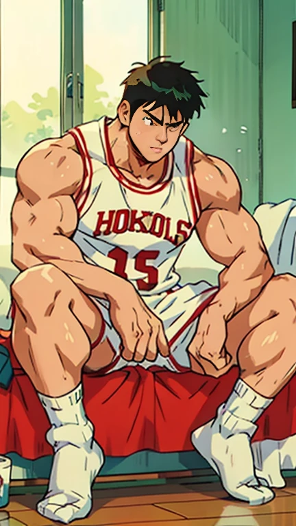 Wearing basketball uniform，Sitting on the pure white sofa，Lean back on the backrest，，sleep，Wearing white socks，Broad shoulders ,Very strong, muscular，Men, Muscle Man，Clean face，full-body shot，Shoes, clothes and towels piled up at my feet