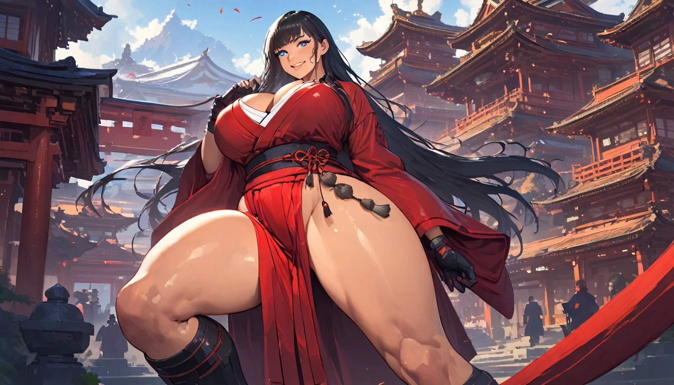 best quality,4k,8k,highres,masterpiece:1.2),ultra-detailed, extremely detailed eyes, extremely detailed body, (large masterpiece digital art), (detailed manga illustration), (detailed line art), ((perfect anatomy)), (intricate details:1.3), (ultra-detailed:1.3), (illustration:1.3), (sharp focus:1.3), (natural lighting:1.05), (vivid colors:1.3), (masterpiece), (best quality:1.4), (perfect anatomy:1.4), high quality, expressive eyes, full body, detailed face, beautiful face, perfect face, 1 girl, breasts, cleavage, gloves, large breasts, Japanese clothes, jacket, (underboob), robe, sash, belt pouchs, very long hair, thigh length hair, Japanese female, detailed ((black hair)), straight hair, Hime cut , blue eyes, curvaceous physique, arm wrap, hakama, hakama skirt, haori, miko, monk, thick thighs, toned, dynamic lighting, cinematic lighting, dynamic heroic pose, smiling, Japanese temple background, curvy, Atey Ghailan, Jeremy Mann, Greg Manchess, Antonio Moro, trend in ArtStation, trend in CGSociety, Intricate, High Detail, Sharp focus, dramatic and photorealistic painting art by Midjourney and Greg Rutkowski, Jeff Bridges, ((cartoon style)), Marvel Cinematic Universe style