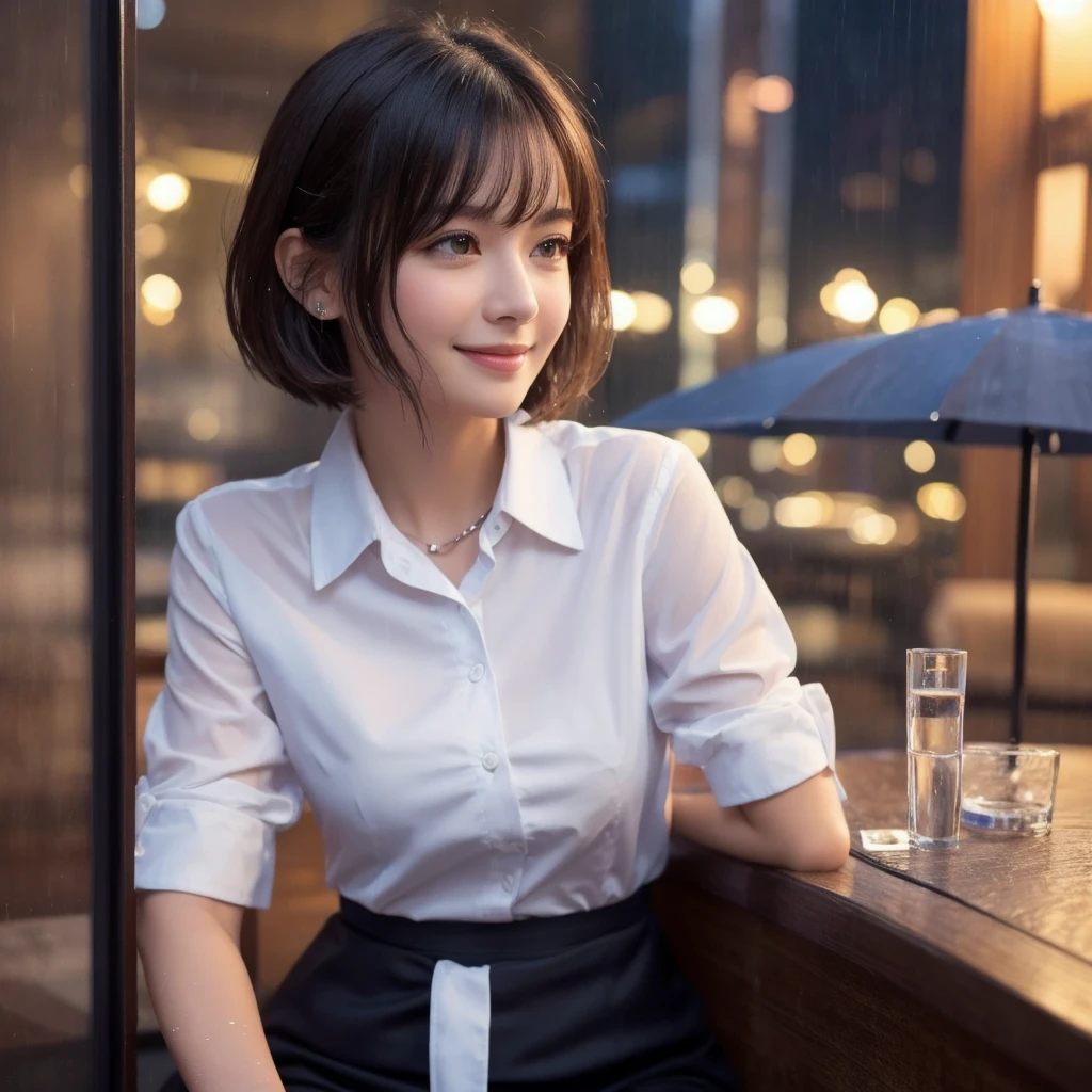 (best quality, masterpiece:1.2), (realistic, photo-realistic:1.37), ultra-detailed, 1 girl, cute, solo, beautiful detailed sky, detailed cafe, night, sitting, dating, (nose blush), (smile:1.15), (closed mouth) small breasts, beautiful detailed eyes, (collared shirt:1.1), night, wet, business attire, rain, white lace, (short hair:1.2), floating hair NovaFrogStyle, topless,