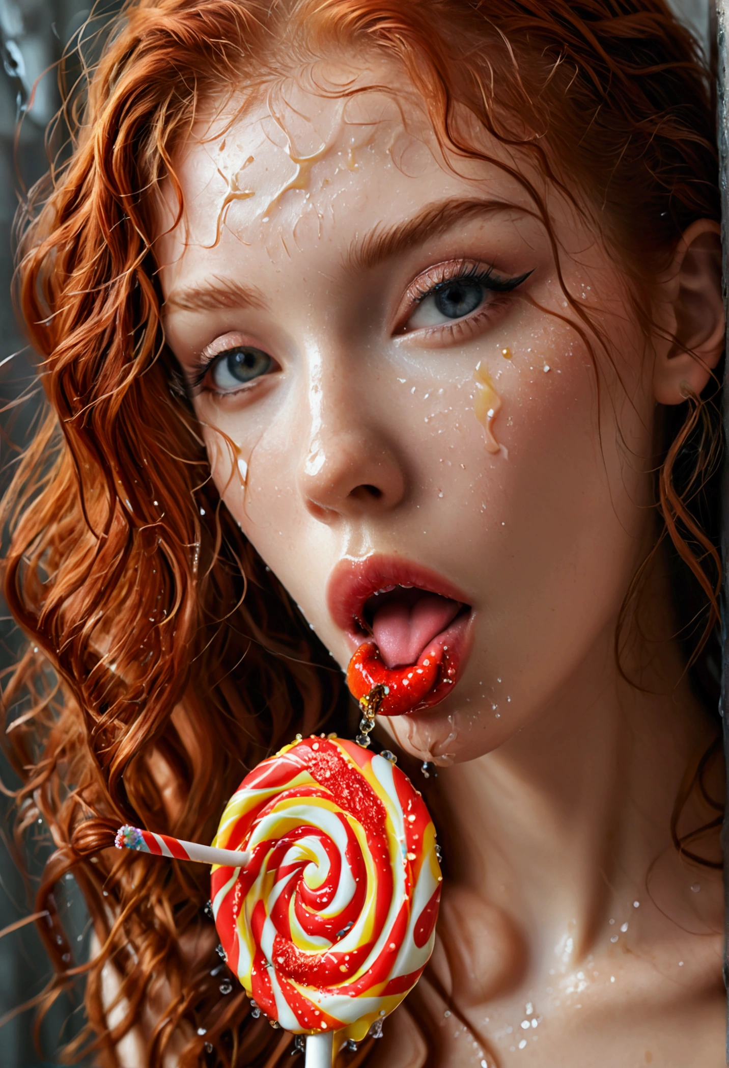 ultra realistic, photography, portrait, upper torso, red haired girl, 20 years old, hourglass figure, perfect body, supermodel, long legs, her wet tongue licking a long spiral lollipop, seductive look, long eyelashes