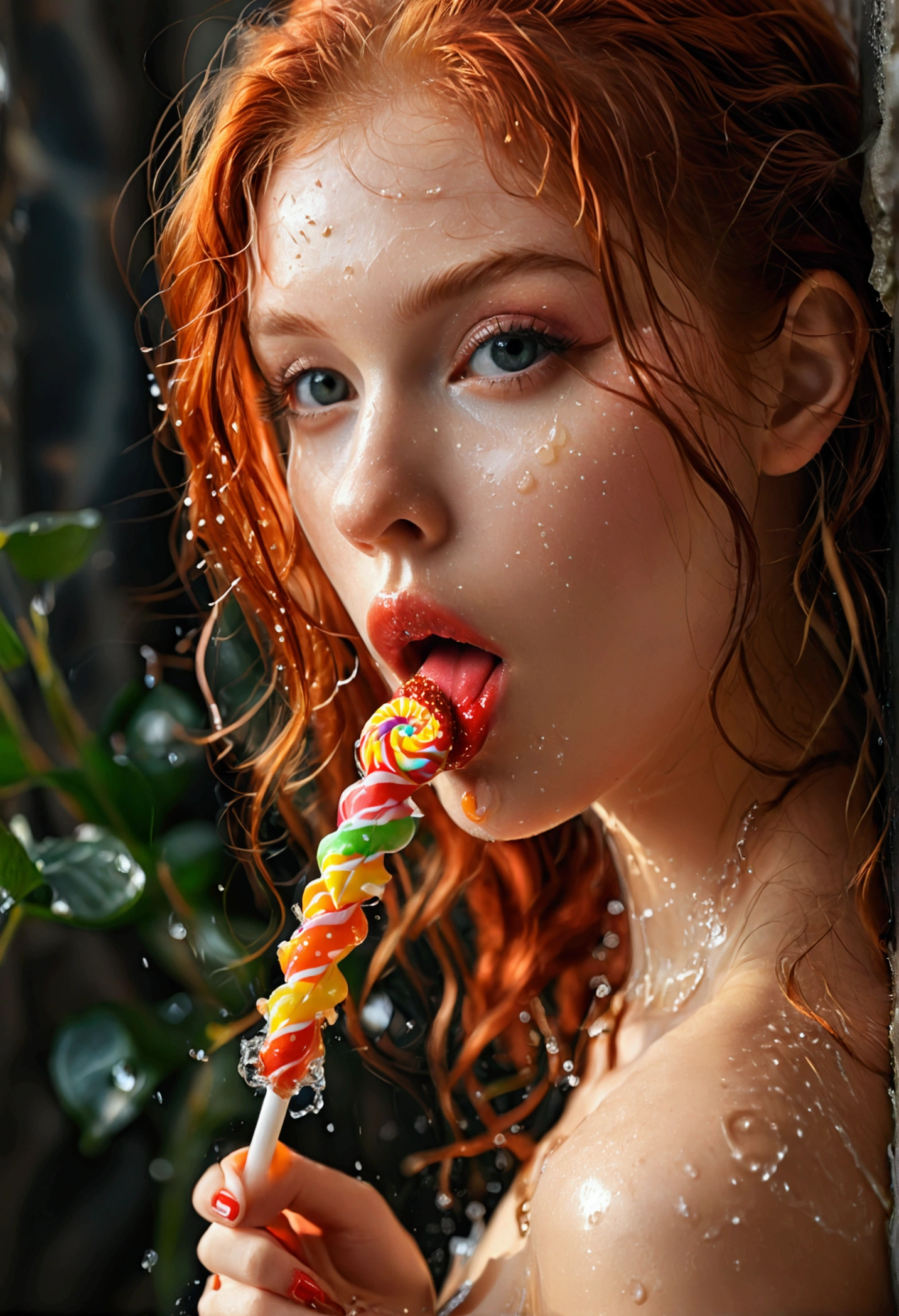 ultra realistic, photography, portrait, upper torso, red haired girl, 20 years old, hourglass figure, perfect body, supermodel, long legs, her wet tongue licking a long spiral lollipop, seductive look, long eyelashes