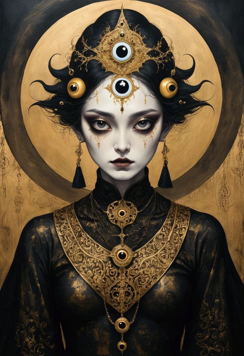 Medieval ink painting,Third Eye Vision。3d,Dark eyeshadow,whole body,Wide Angle,black and gold