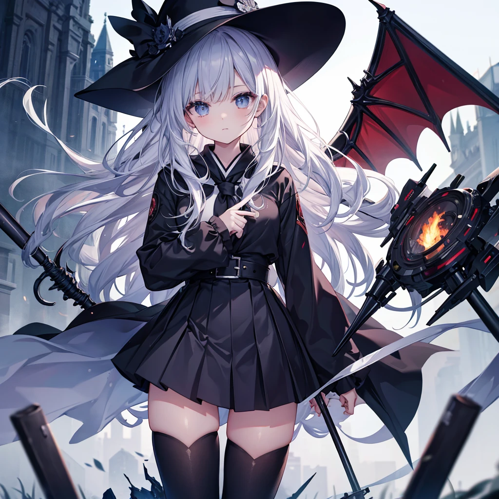 1girl,(((Highest quality、Masterpiece、Official Art、The best dynamic composition、超detailed)))、Anime Style、Vampire Hunter、Black Sailor Suit、Black pleated skirt、The moment the Grim Reaper swung down his giant toad with both hands、Super huge、detailed、Perfect Anatomy、The Grim Reaper's scythe is intricately carved、Black and crimson scythe、cool、Diagonal composition、