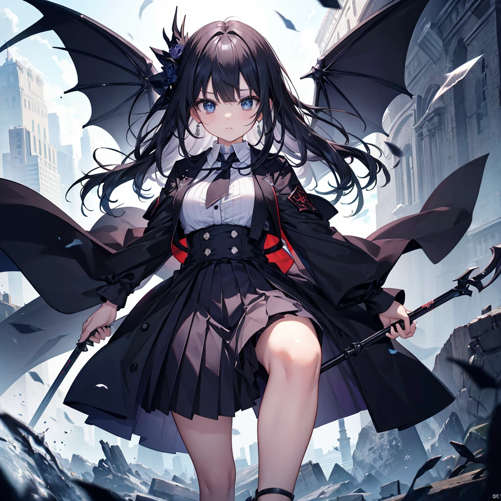 1girl,(((Highest quality、Masterpiece、Official Art、The best dynamic composition、超detailed)))、Anime Style、Vampire Hunter、Black Sailor Suit、Black pleated skirt、The moment the Grim Reaper swung down his giant toad with both hands、Super huge、detailed、Perfect Anatomy、The Grim Reaper's scythe is intricately carved、Black and crimson scythe、cool、Diagonal composition、
