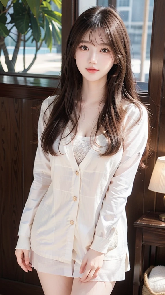 nogizaka_costume, 1girl, beautiful detailed eyes, Sexy long legs, beautiful detailed lips, extremely detailed face and skin, long elegant hair, flawless hourglass figure, cleavage, standing on the beach, photorealistic, detailed texture, flowing hair, expressive eyes, warm smile, ornate details, soft lighting, relaxed pose, natural lighting highlights features and surroundings, anatomically correct