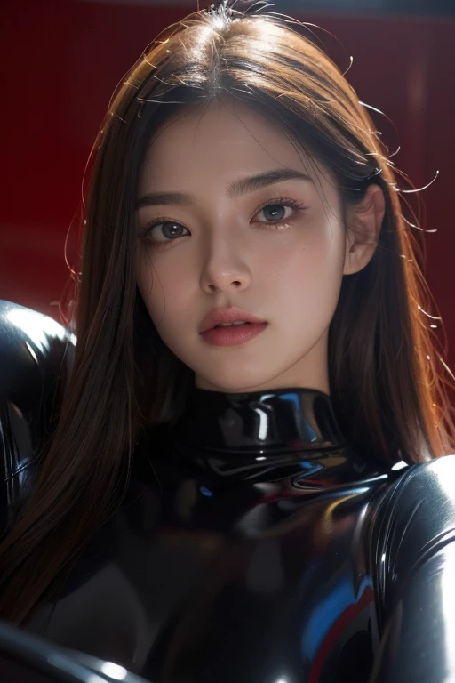 (Raw photo:1.2)、Highest quality、Beautiful detailed girl、Tight bodysuit、Latex bodysuit, Laughter、Highly detailed eyes and face、Beautiful and fine details、Large file size、High resolution、High resolution、8k wallpaper details、Highly detailed Ticker uniform 8K wallpaper、Light on the face、Cinema Lighting、18-year-old girl、Sexy pose、(Photorealism:1.4)、Awareness-raising、Surrealism、 From below、Super Detail、masterpiece