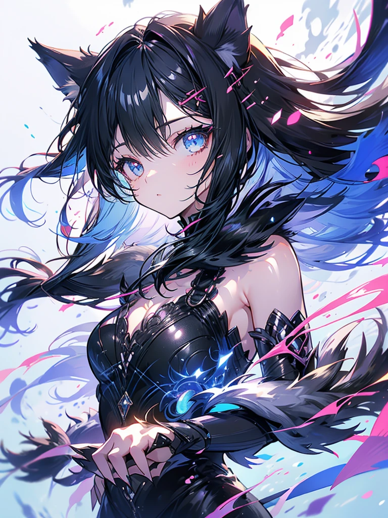 cat girl, furry ears, claws, tail, acceleration, wind, magic, wind magic, black hair, scratch, cute, long hair