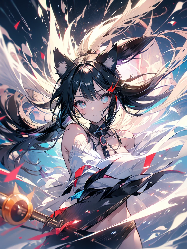 cat girl, furry ears, claws, tail, acceleration, wind, magic, wind magic, black hair, scratch, cute, long hair