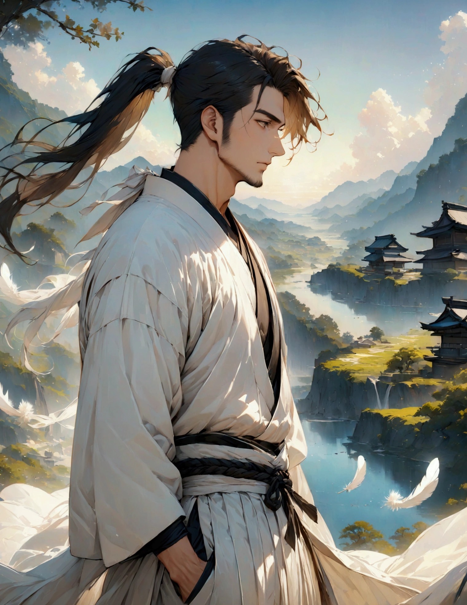 (masterpiece:1.3),(最high quality:1.4),(Very detailedな:1.5),High resolution,Very detailed,8k,artwork,High level of detail,rendering,high quality,Wide range of colors,A fantastical white space where countless white feathers fall,Vivid light,(One man、profile),Landscape,Cool handsome guy,Swordsman、(White Hair)、Long hair that reaches down to the waist is tied in a single ponytail、White Hakama、白いSwordsmanの服装、((samurai)),There's a sword on his waist、Looking up with a blank look。