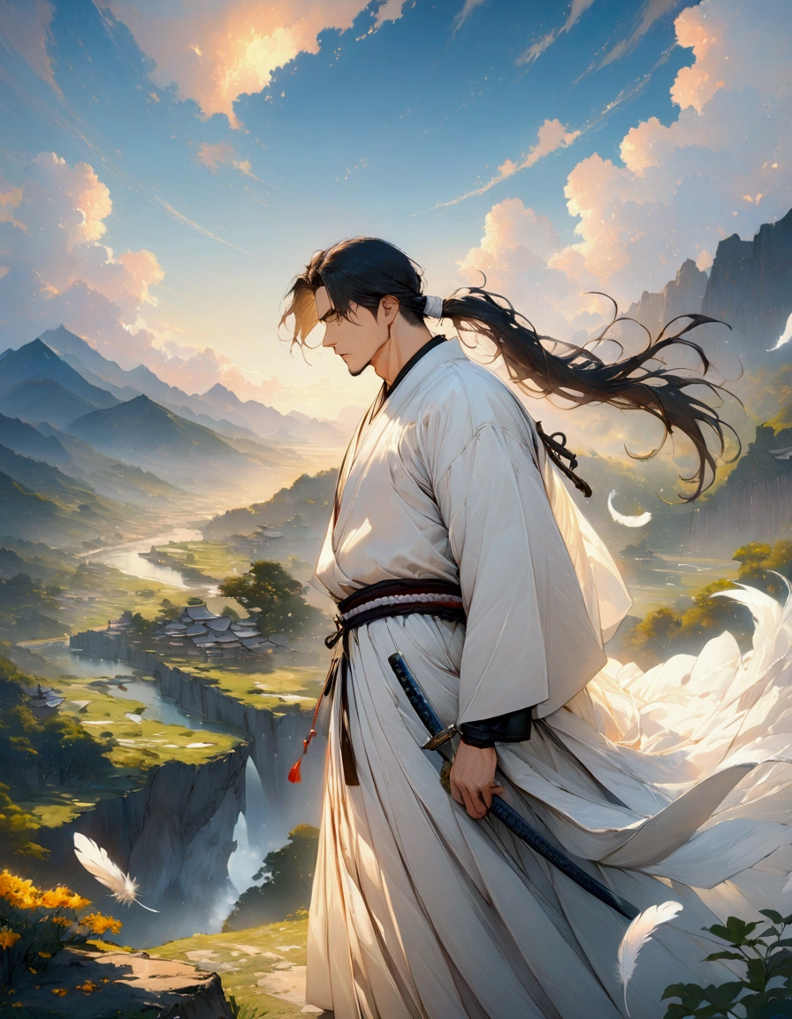 (masterpiece:1.3),(最high quality:1.4),(Very detailedな:1.5),High resolution,Very detailed,8k,artwork,High level of detail,rendering,high quality,Wide range of colors,A fantastical white space where countless white feathers fall,Vivid light,（One man、profile),Landscape,Cool handsome guy,Swordsman、(White Hair)、Long hair that reaches down to the waist is tied in a single ponytail、White Hakama、白いSwordsmanの服装、((samurai)),There&#39;s a sword on his waist、Looking up with a blank look。