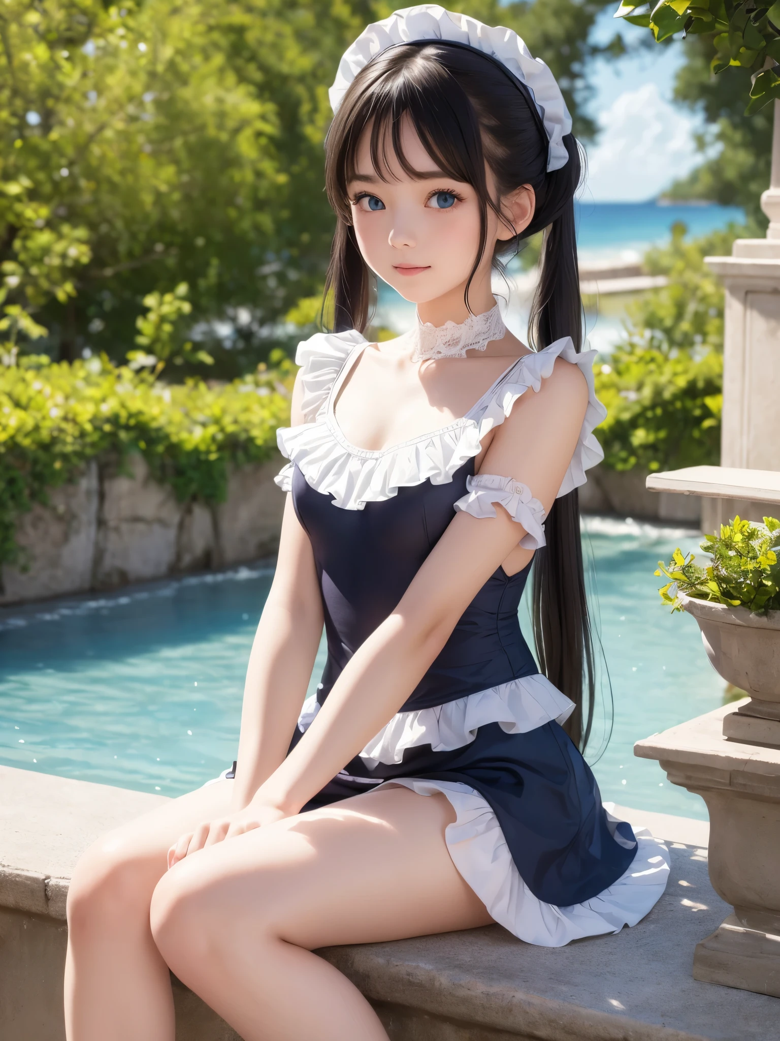 ((masterpiece)), ((highest quality、Ultra high definition)), (Very detailed),8K、Photo quality、((Amazingly cute girl)),)), Two people, , (Beautiful emerald blue eyes), ((smile)),In the open-air bath overlooking the sea, Beautifully arranged black hair in twin tails、スリムボディー、((Cute lolita maid stylimsuit))、Professional Lighting、(White lace knee-highore detailed and beautiful)、(More details and cutenesore realistic)、((Just wear light clothing))、プールではしゃぐ、