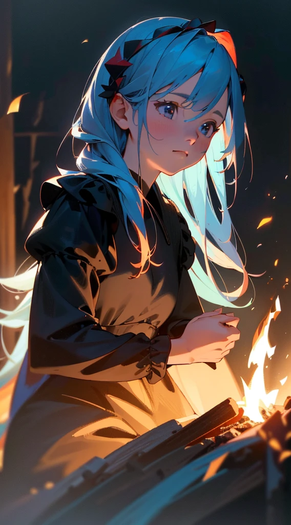 a girl in a black dress, puffed sleeves, red wreath, long light blue hair, campfire at night, sparks, (best quality,4k,8k,highres,masterpiece:1.2),ultra-detailed,(realistic,photorealistic,photo-realistic:1.37),portrait,dramatic lighting,warm colors,chiaroscuro