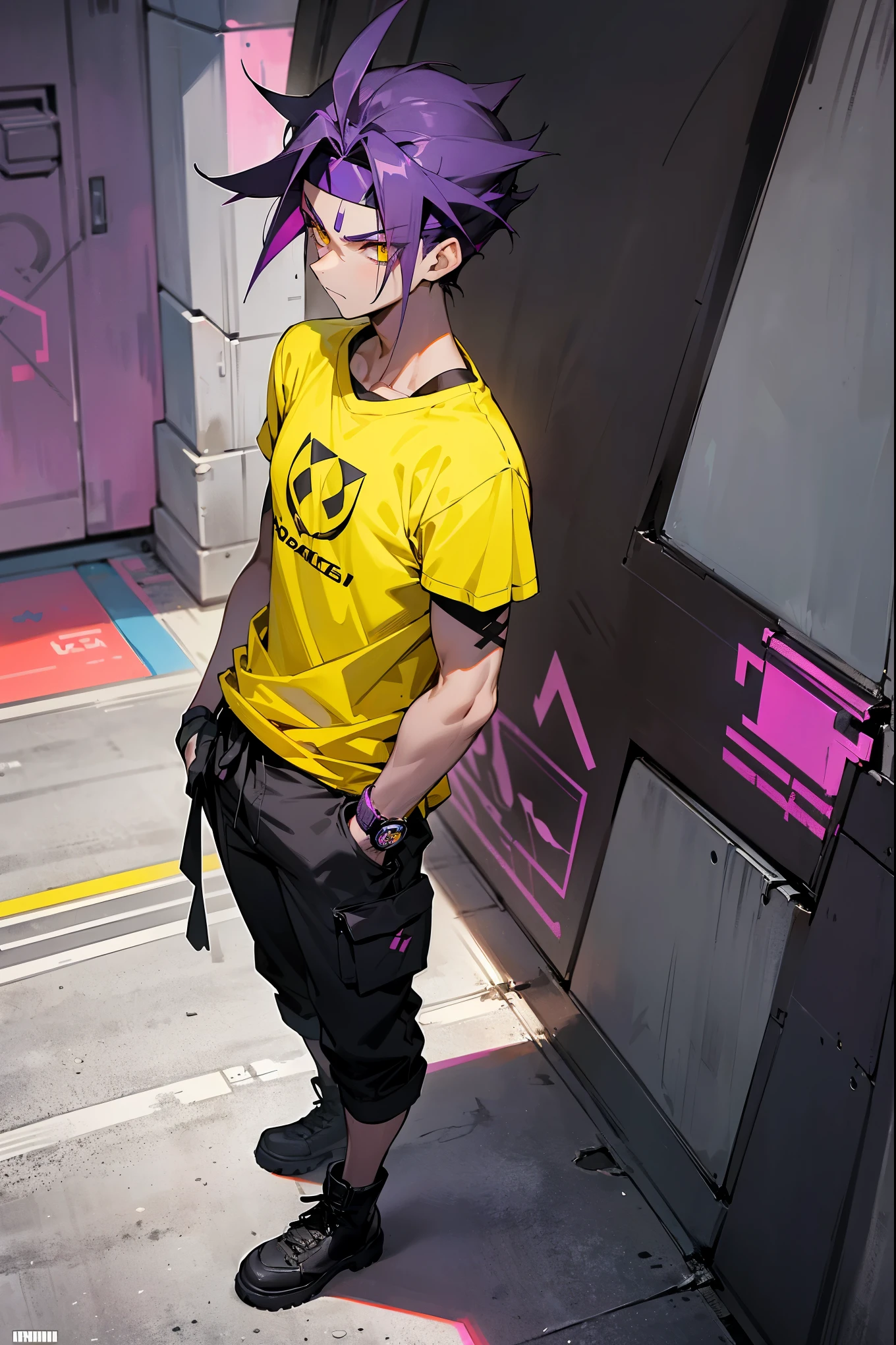 1male, dark purple hair, spiked and tousled, bright yellow eyes, determined expression, sleek black headband, fitted charcoal gray t-shirt with a geometric pattern, cargo shorts, combat boots, futuristic tech watch, urban alley background with neon graffiti, detailed face, hands to side, standing on path