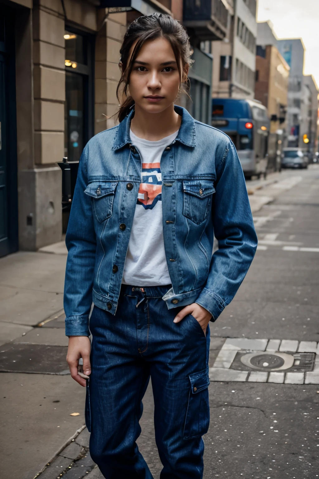 Generate a realistic, human-captured image of a person wearing a denim jacket paired with cargo pants.