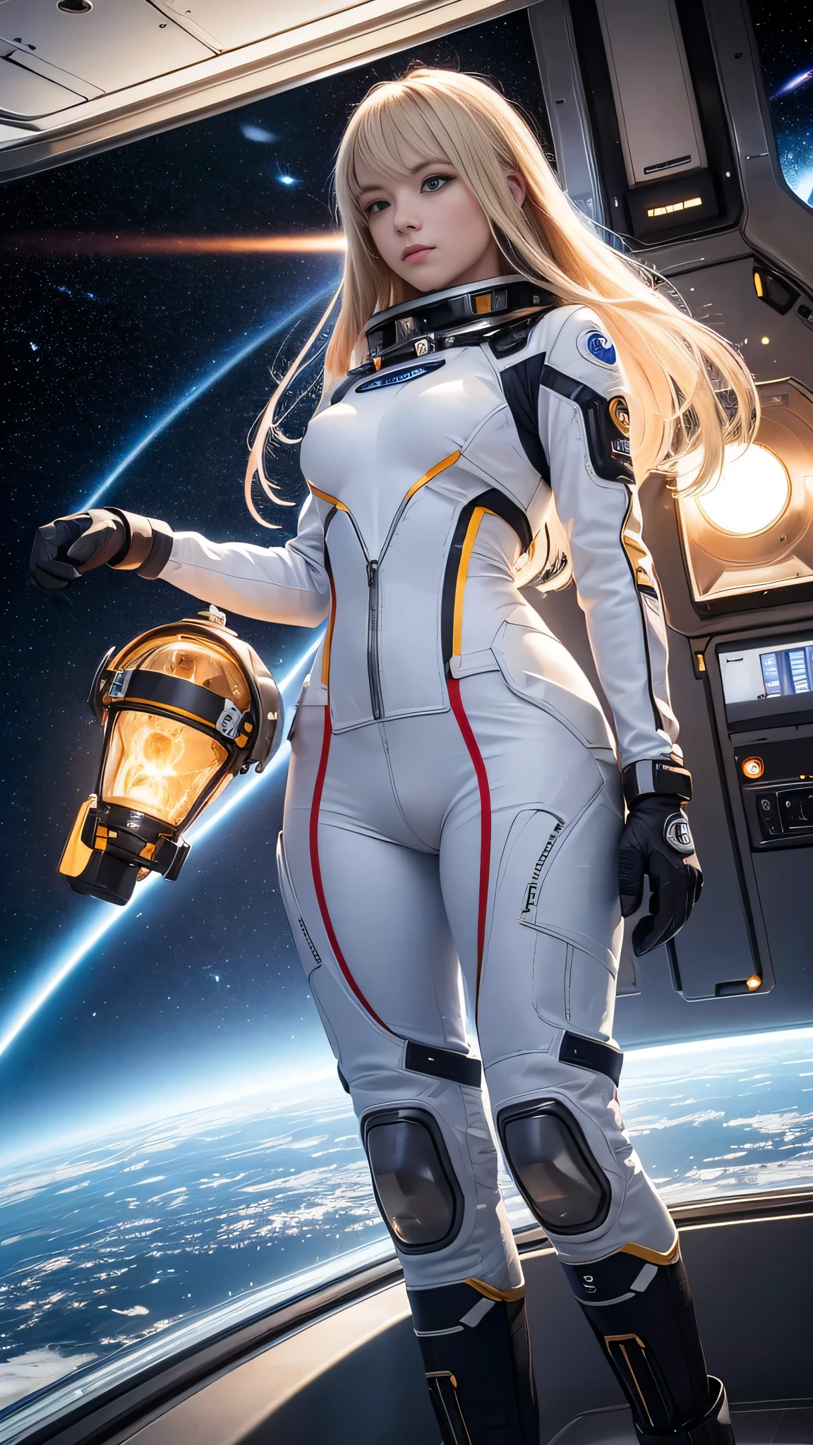Profiling full-body shot of a blonde-haired astronaut suspended in mid-air amidst a gleaming spaceship's interior. Her eyes are wide open, drinking in the breathtaking view of the galaxy outside through the massive viewport. The soft glow of the ship's lights illuminates her striking features and glistening silver-gold latex spacesuit, complete with gloves and boots. Captured on Canon 5D Mark IV using Kodak Ektar film, this stunning image captures every detail of this ethereal scene.