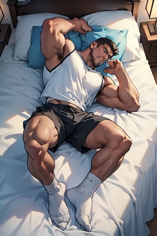 Half-cut top，Nike shorts，White socks，No shoes，Lying on the endless blue bed，The protagonist leans back on the bed，Full body portrait，Stretch your hands outward，Dark skin，Dark Skin，Solitary，individual，Brown skin，Bigfoot,（Facing the audience），(muscular)，Farther distance，The camera looks down from a high place，The protagonist has very long legs, male, Huge body，The character is a burly man，Dynamic Action，Light from above，Clothes show shoulders，Clean face，Lift his head，Keep your eyes open，