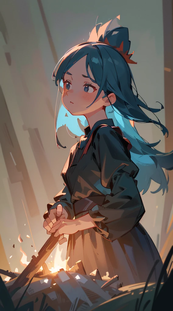 a girl in a black dress, puffed sleeves, red wreath, long light blue hair, campfire at night, sparks, (best quality,4k,8k,highres,masterpiece:1.2),ultra-detailed,(realistic,photorealistic,photo-realistic:1.37),portrait,dramatic lighting,warm colors,chiaroscuro