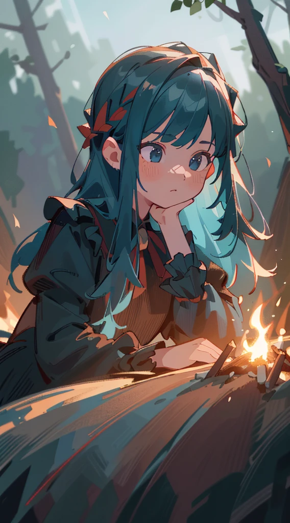 a girl in a black dress, puffed sleeves, red wreath, long light blue hair, campfire at night, sparks, (best quality,4k,8k,highres,masterpiece:1.2),ultra-detailed,(realistic,photorealistic,photo-realistic:1.37),portrait,dramatic lighting,warm colors,chiaroscuro