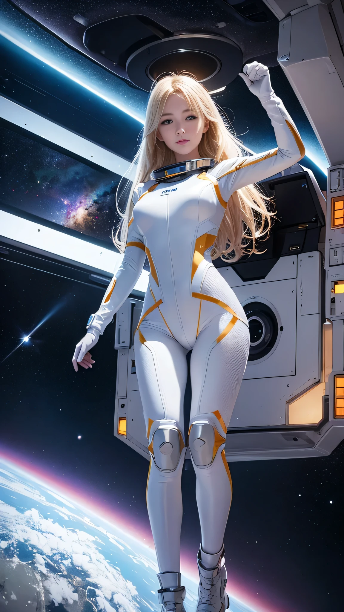 Profiling full-body shot of a blonde-haired astronaut suspended in mid-air amidst a gleaming spaceship's interior. Her eyes are wide open, drinking in the breathtaking view of the galaxy outside through the massive viewport. The soft glow of the ship's lights illuminates her striking features and glistening silver-gold latex spacesuit, complete with gloves and boots. Captured on Canon 5D Mark IV using Kodak Ektar film, this stunning image captures every detail of this ethereal scene.