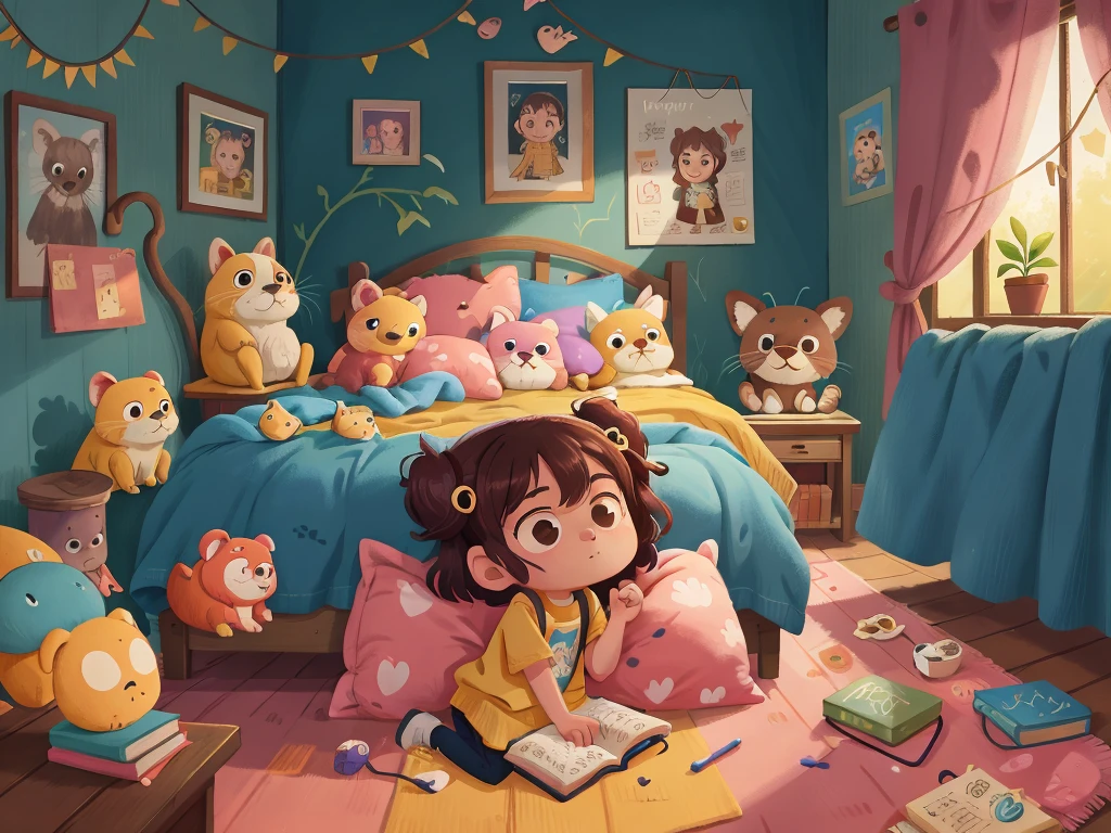 Luna finding herself back in her bed, with Mr. Snuggles still tucked under her arm, and her room softly lit, blue, pink, pastel yellow, bright theme, HD, 4K