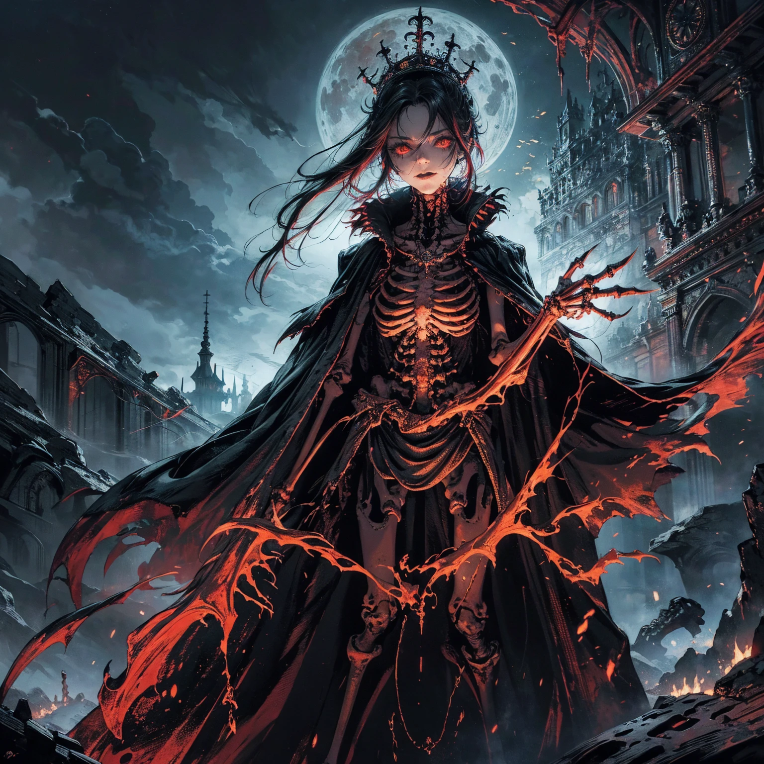 full-body shot, wide-angle lens, upward shot, best quality, 4K, high resolution, masterpiece, Very detailed, Mood lighting, An undead girl in a long cape, Whole body including hands & arms & legs & feet are all skeleton bones but except the head is still beautiful human face, Wearing a ragged gothic skirt, Aloofness emotion, Dangerous sneer, Beautiful but sad smile, Black Hair, Standing, Facing the camera, Crucified, Pitch black sky, Blood-red moon, strange atmosphere, Gothic style, Unforgettable beauty, Dramatic shadows, Ethereal Light, Mysterious atmosphere.