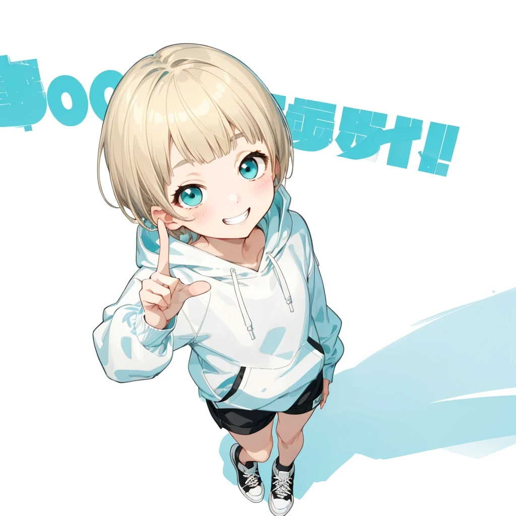 First Job, Better Quality, 1. garota Laughter, Short Mash Hair、short hair、Blonde Hair Color、Turquoise Eyes、White hoodie、Black hot pants、Black sneakers、, a bit , a bit, Laughter (Solo Girl)、look up、The camera is from above、Bangs straight、Please draw the fingers in detail.