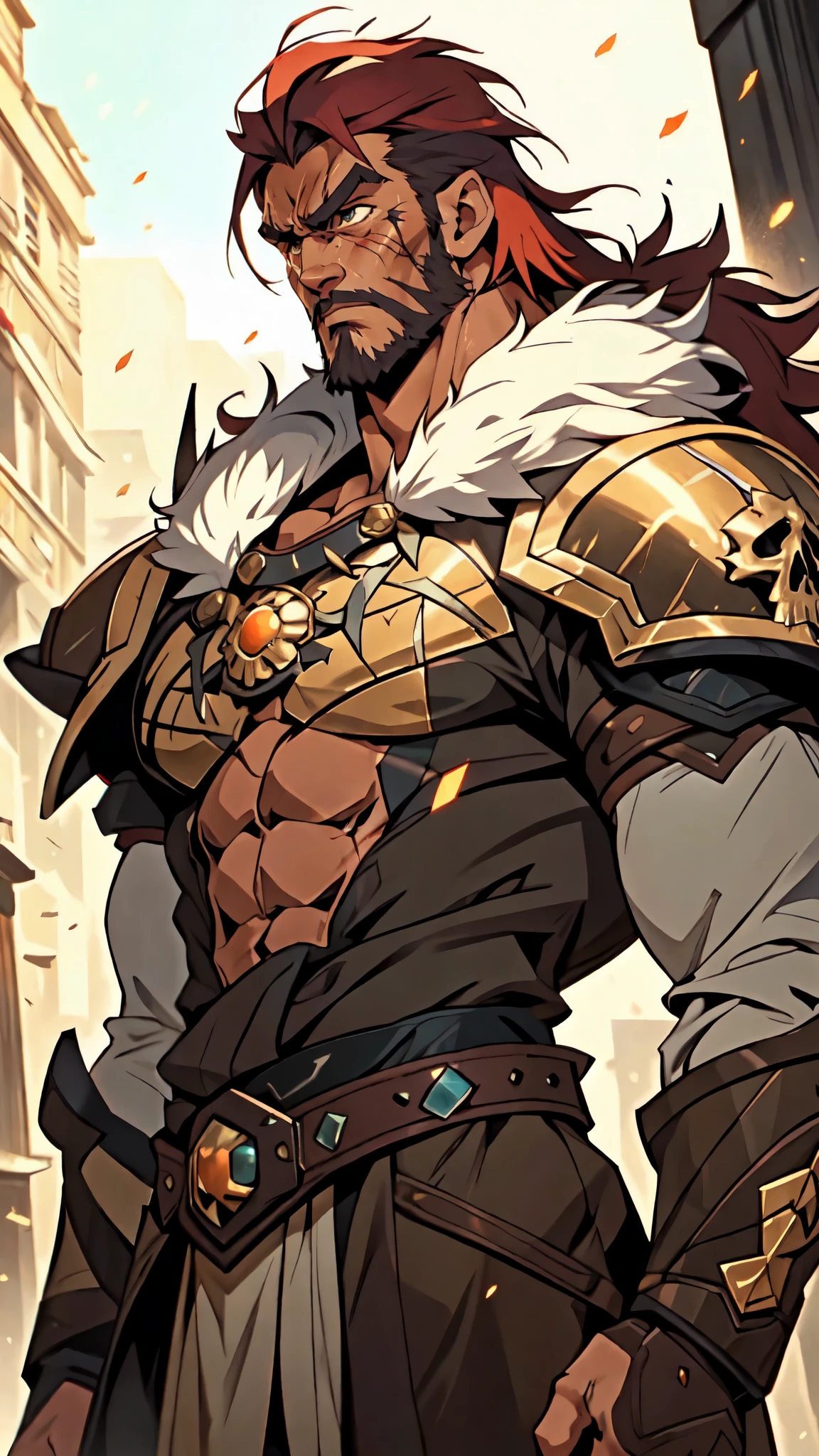 (masterpiece:1.2, best quality:1.2, extremely delicate:1.2), ((male:1.5)), a man with disheveled long orange and red hair, (no eyebrows:1.2), deep-set eyes, (a long scar on the right side of his face:1.2), rough features, (a full beard:1.2), a dissatisfied expression, a tall and muscular build, a post-apocalyptic fantasy-style wilderness coat with no sleeves, fur around his shoulders and neck, a half-damaged monster skull hanging in the middle of his chest, has spiked shoulder guards, revealing his muscular abs, stands in a post-apocalyptic fantasy-style desolate town, this character embodies a finely crafted post-apocalyptic fantasy-style overlord in anime style, exquisite and mature manga art style, dramatic, high definition, highres, ultra-detailed, ultra-fine painting, professional, perfect body proportions, golden ratio, anatomically correct, symmetrical face, extremely detailed eyes and face, high quality eyes, creativity, RAW photo, UHD, 32k, Natural light, cinematic lighting, (masterpiece-anatomy-perfect:1.2)