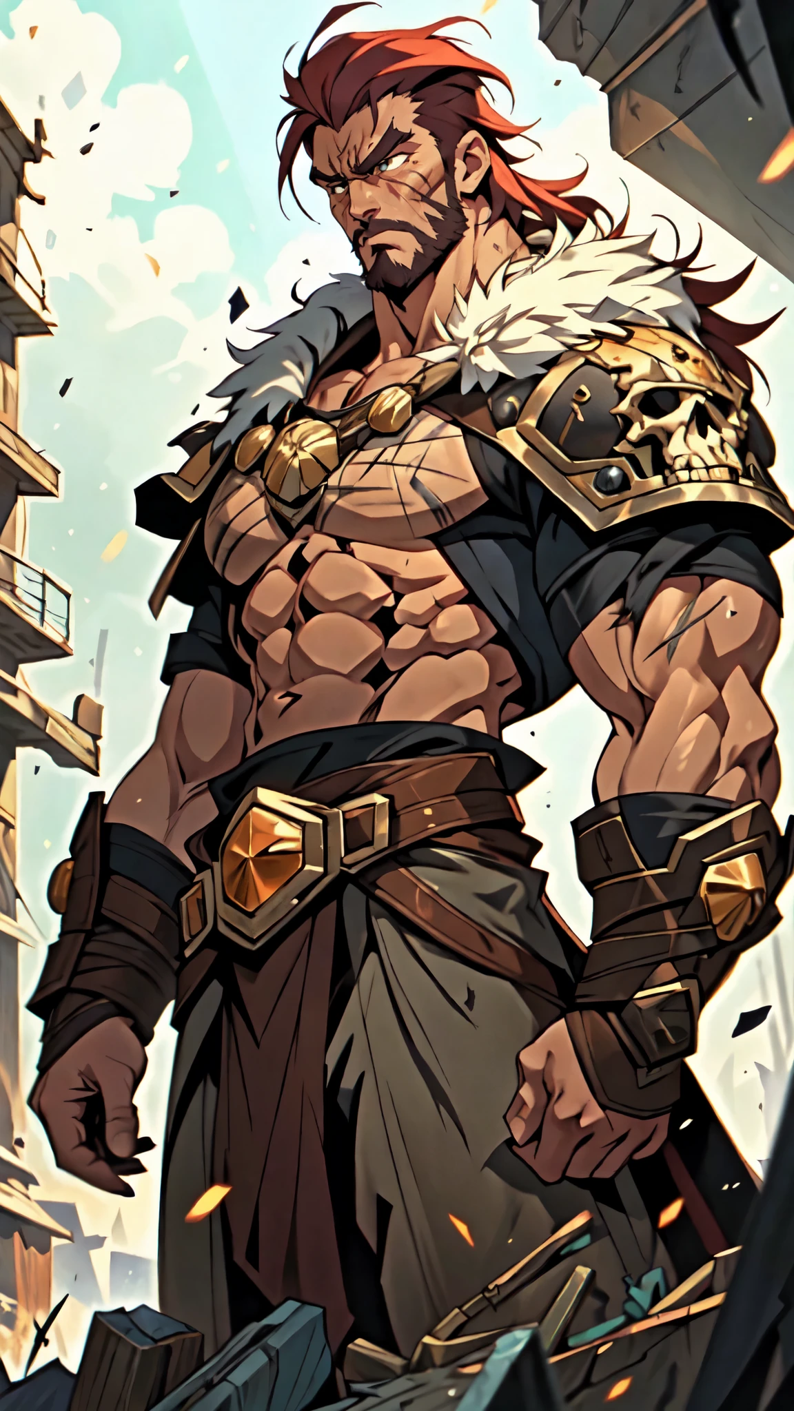 (masterpiece:1.2, best quality:1.2, extremely delicate:1.2), ((male:1.5)), a man with disheveled long orange and red hair, (no eyebrows:1.2), deep-set eyes, (a long scar on the right side of his face:1.2), rough features, (a full beard:1.2), a dissatisfied expression, a tall and muscular build, a post-apocalyptic fantasy-style wilderness coat with no sleeves, fur around his shoulders and neck, a half-damaged monster skull hanging in the middle of his chest, has spiked shoulder guards, revealing his muscular abs, stands in a post-apocalyptic fantasy-style desolate town, this character embodies a finely crafted post-apocalyptic fantasy-style overlord in anime style, exquisite and mature manga art style, dramatic, high definition, highres, ultra-detailed, ultra-fine painting, professional, perfect body proportions, golden ratio, anatomically correct, symmetrical face, extremely detailed eyes and face, high quality eyes, creativity, RAW photo, UHD, 32k, Natural light, cinematic lighting, (masterpiece-anatomy-perfect:1.2)