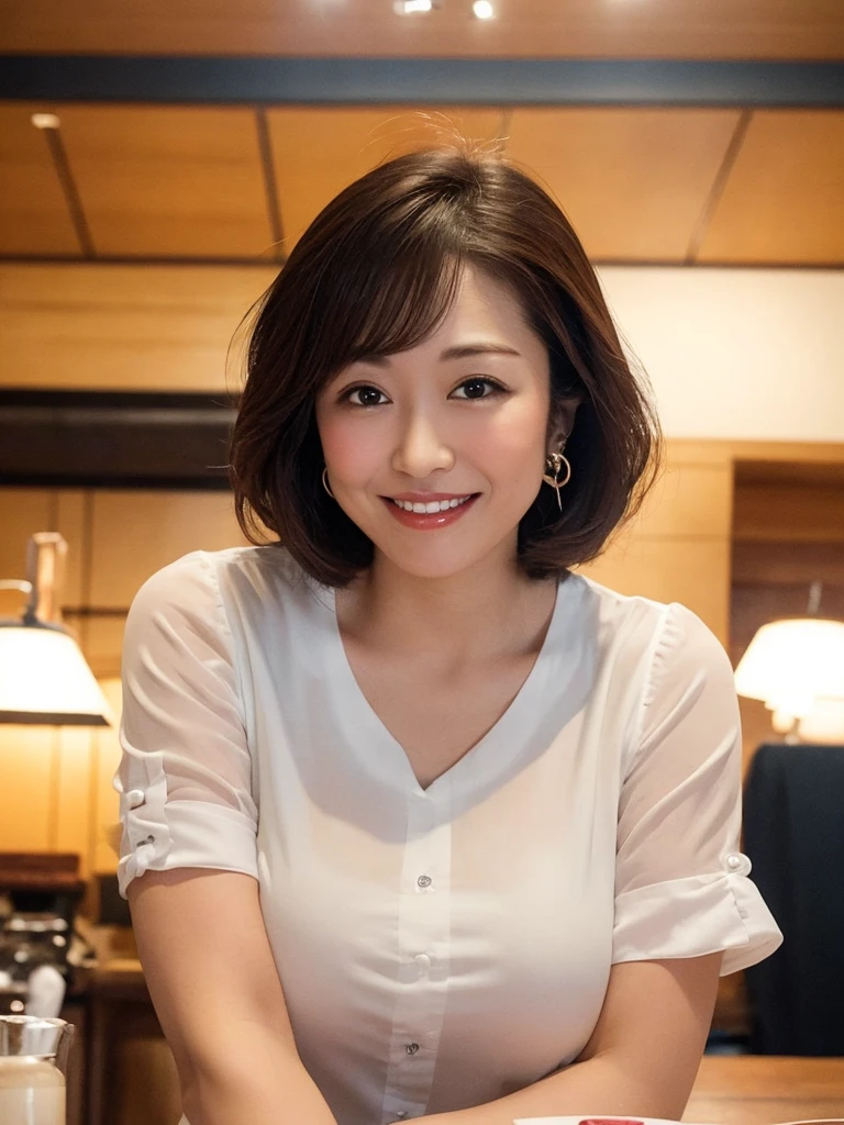 Osaka's aunt、Organic Photography、blur background, Highest quality、masterpiece、Ultra-high resolution、Looking at the audience、Smiling with teeth showing、Big Breasts、Wearing a plain short-sleeved blouse、Short Perm Hair、Earrings、A corner of a coffee shop,、Background Blur