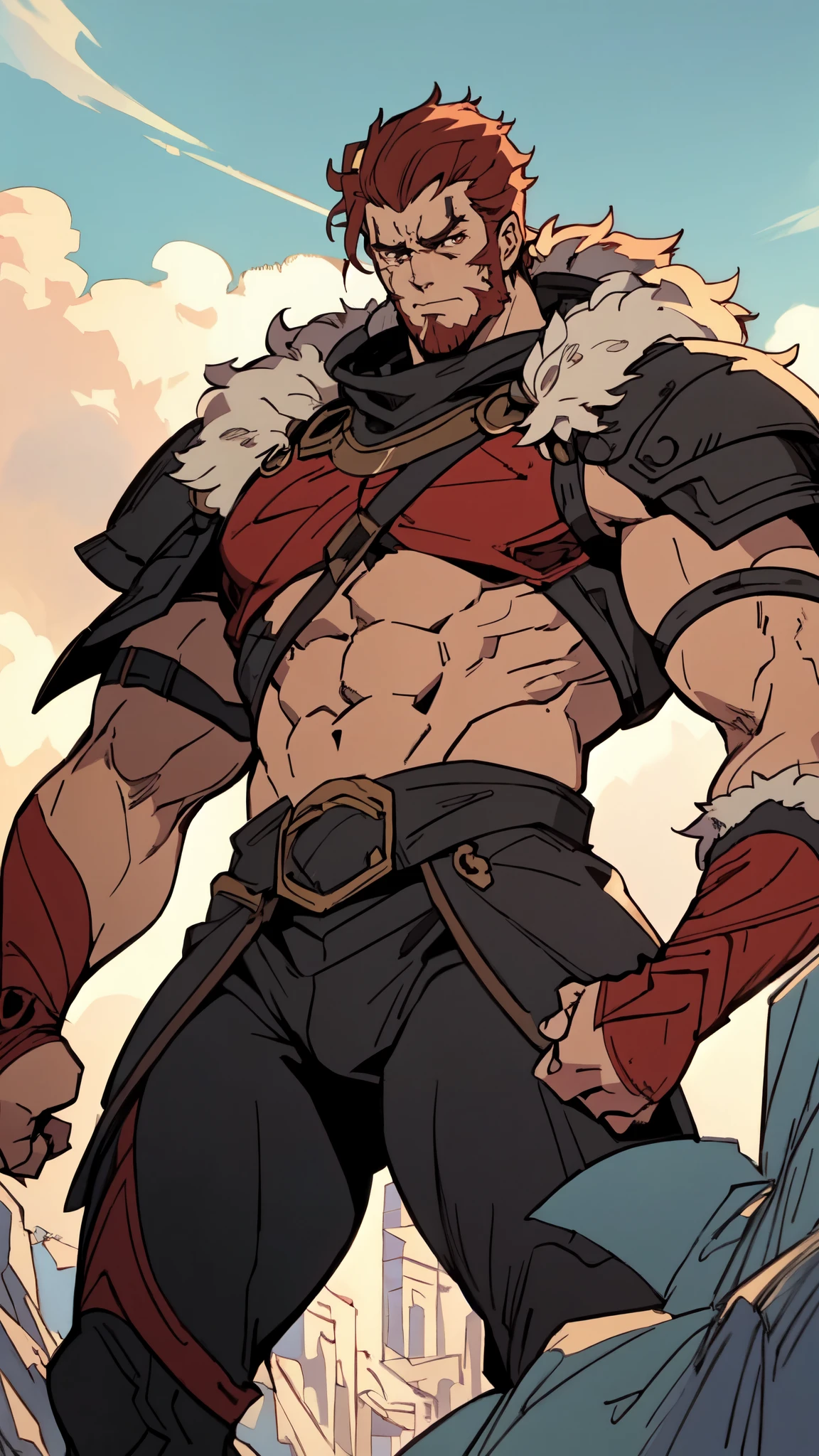 (masterpiece:1.2, best quality:1.2, extremely delicate:1.2), ((male:1.5)), a man with disheveled long orange and red hair, (no eyebrows:1.2), deep-set eyes, (a long scar on the right side of his face:1.2), rough features, (a full beard:1.2), a dissatisfied expression, a tall and muscular build, a post-apocalyptic fantasy-style wilderness coat with no sleeves, fur around his shoulders and neck, a half-damaged monster skull hanging in the middle of his chest, has spiked shoulder guards, revealing his muscular abs, stands in a post-apocalyptic fantasy-style desolate town, this character embodies a finely crafted post-apocalyptic fantasy-style overlord in anime style, exquisite and mature manga art style, dramatic, high definition, highres, ultra-detailed, ultra-fine painting, professional, perfect body proportions, golden ratio, anatomically correct, symmetrical face, extremely detailed eyes and face, high quality eyes, creativity, RAW photo, UHD, 32k, Natural light, cinematic lighting, (masterpiece-anatomy-perfect:1.2)