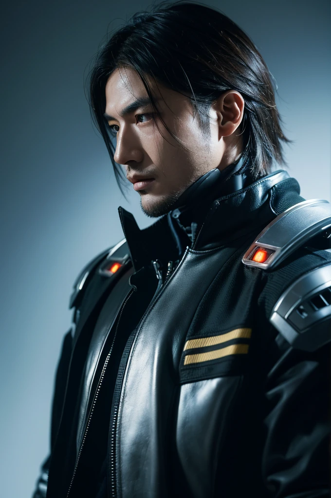 Asian male face mechanical male resolute face handsome male high quality male guide line, bright palette, Highly professional, Dramatic Lighting, Extremely beautiful:1.4), (complex details, masterpiece, best quality:1.4), Biomechanical Cyberpunk, Cybernetics, Human-machine integration, Dystopia, The encounter between organic and artificial, bright, complex, Looking at the audience, Nicomoli (Nicola Samori) Stylish dynamic pose male male robot side view 45° angle cyberpunk style driver costume driver white background bright lights ,Front, facing the camera,light is from upper right