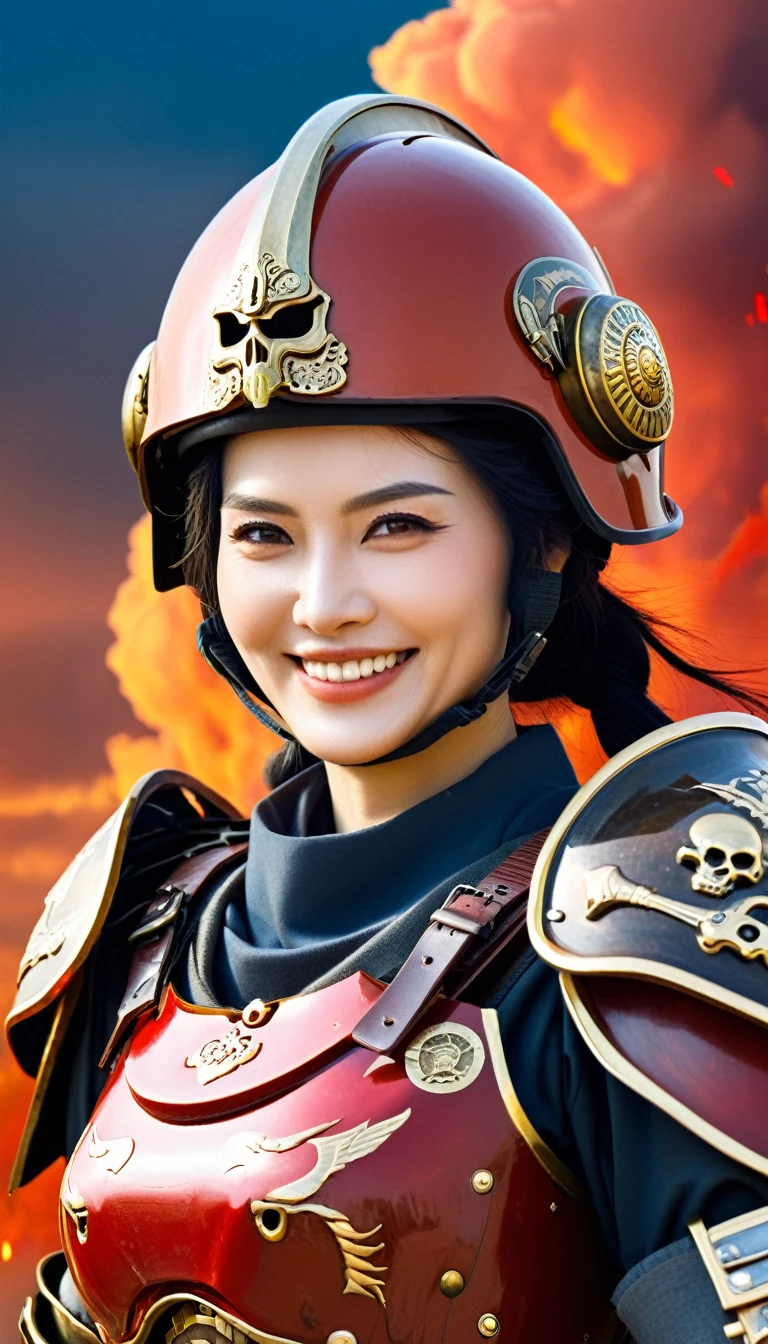 Close-up of a ((extremely beautiful old female warior)) , half human, half machine, their faces a bit partially obscured by military helmets. Their eyes are filled with hapiness and longing. The background is a trail of blood and violence. SHe wears a mechanized robot armor, carved with animal elements, human skulls. The sky is filled with swirling, fiery clouds. The photo conveys a strong sense of the warrior's appearance, ((smiling))
