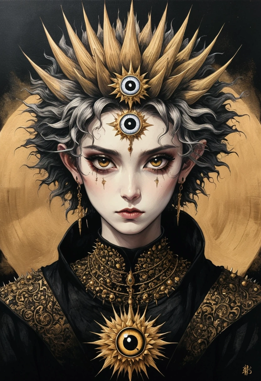 Medieval ink painting,Third Eye Vision。Spiky hair,3d,Dark eyeshadow,whole body,Wide Angle,black and gold