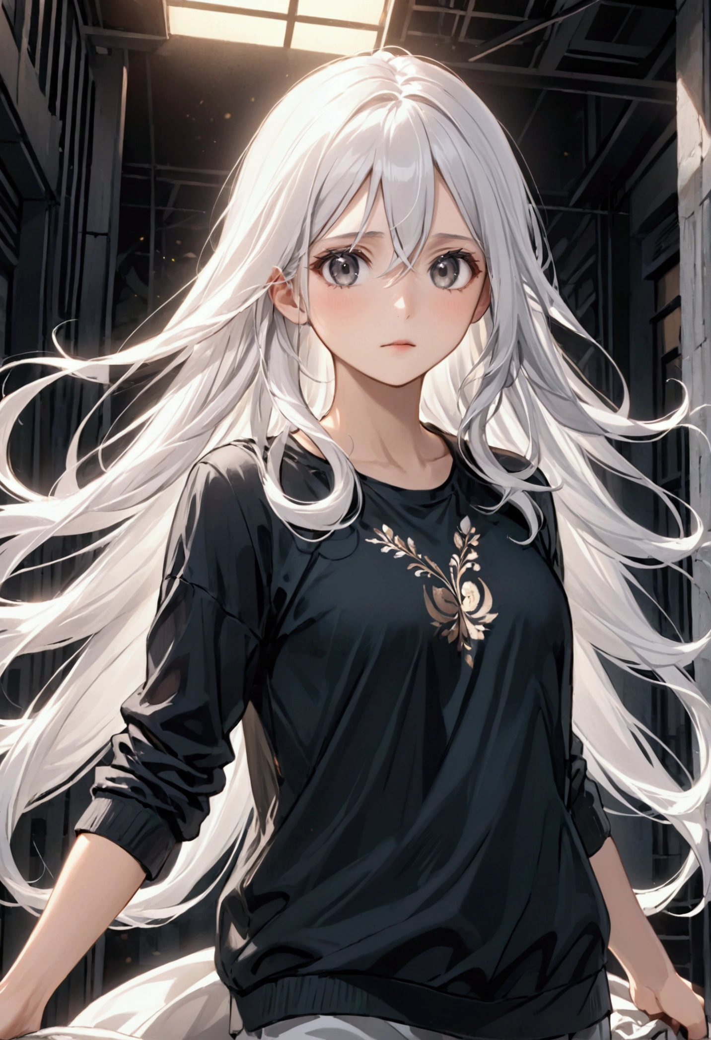 Long flowing white hair, expressive grey eyes, casual clothes,8k, best quality, high resolution.