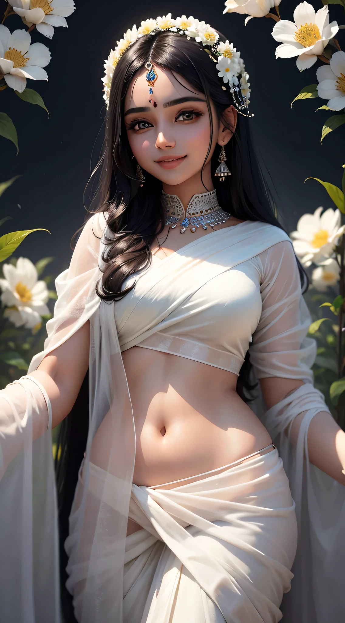 Beautiful indian girl black hair smile face dream full eyes come form heaven white saree,flower field background nurturescape midnight ultra realistic 8k