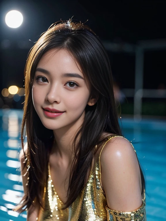 Latex bodysuit、Knee-high boots、Huge 、Long brown hair、Shiny, Oily skin、Glowing Skin、Indoor competition pool、White skin、 Body Portrait, 8k, Narrow and beautiful eyes, Dindal effect, masterpiece, 最high quality, high quality, High resolution, Very detailed photos, (Natural skin texture, Fine skin, Hyperrealism, Ultra Sharpness) , Skin with attention to detail, (Very fine, Fine skin texture, Intricate details, Beautiful Face, (A vivid face), Realistic eyes, Beautiful and detailed, Realistic Skin, Beautiful Skin, surreal, Very detailed, Golden Ratio, Smiling Eyes, ((Night moonlight background)), Body Portrait, glamorous, Shiny Bodysuit