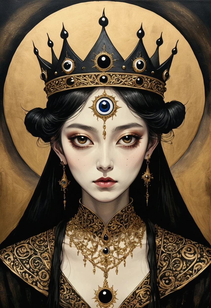 Medieval ink painting，Third Eye Vision。3d，crown，Dark eyeshadow，whole body，Wide Angle，black and gold