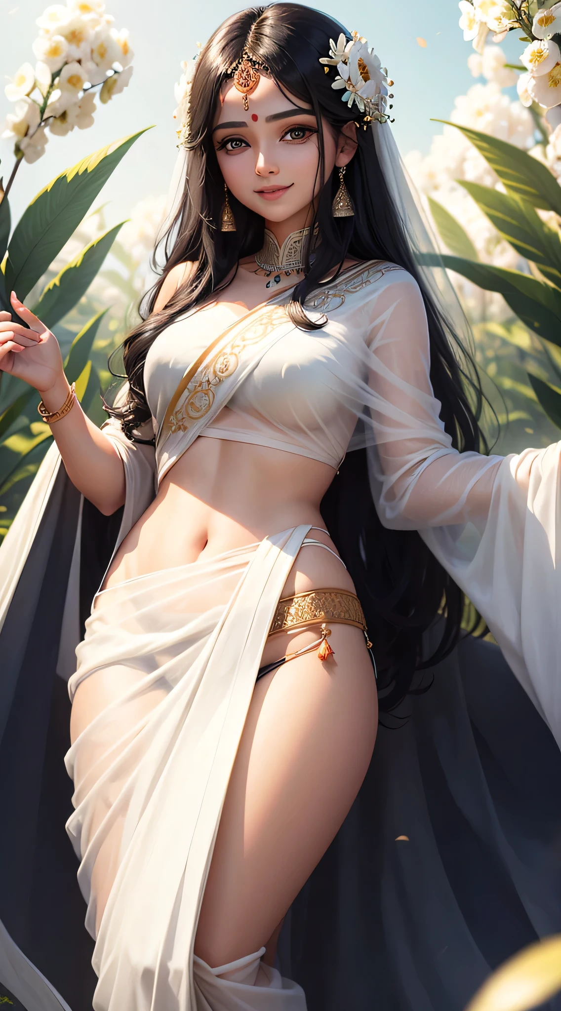 Beautiful indian girl black hair smile face dream full eyes come form heaven white saree,flower field background nurturescape midnight ultra realistic 8k