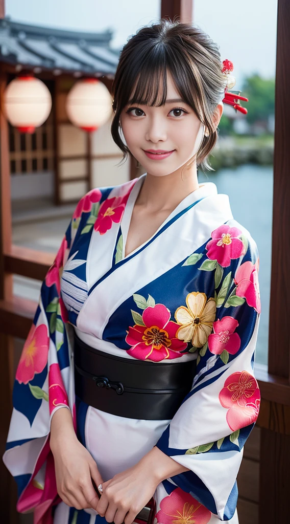 (8k、Raw photography、top-quality、masterpiece:1.2)、(reallistic、Photorealsitic:1.37)、The ultra -The high-definition、1 girl in、cute little、solo、natta、Sitting、date、(Nasal redness)、(A smile:1.1)、(Closed)、Colossal tits、beautidful eyes、(short-hair:1.2)、(((Fireworks in the sky、natta)))、(((kimono、yukata)))、cleavage on the chest、perfect bodies、Perfect fingers、profetional lighting、goddess of Japan、gravure、Detailed face and skin texture、A detailed eye、Raw photo