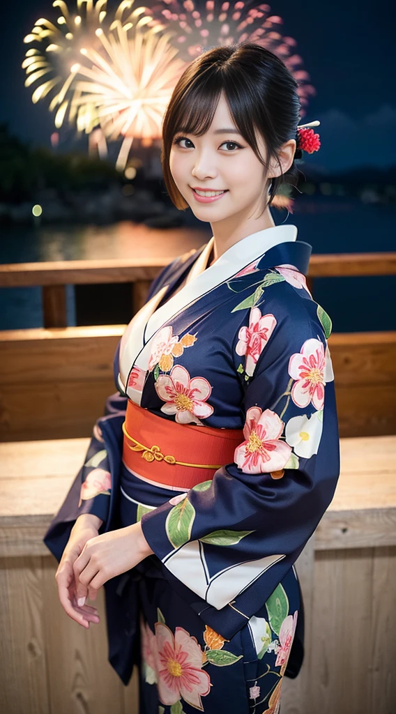 (8k、Raw photography、top-quality、masterpiece:1.2)、(reallistic、Photorealsitic:1.37)、The ultra -The high-definition、1 girl in、cute little、solo、natta、Sitting、date、(Nasal redness)、(A smile:1.1)、(Closed)、Colossal tits、beautidful eyes、(short-hair:1.2)、(((Fireworks in the sky、natta)))、(((kimono、yukata)))、cleavage on the chest、perfect bodies、Perfect fingers、profetional lighting、goddess of Japan、gravure、Detailed face and skin texture、A detailed eye、Raw photo