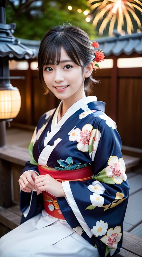(8k、Raw photography、top-quality、masterpiece:1.2)、(reallistic、Photorealsitic:1.37)、The ultra -The high-definition、1 girl in、cute little、solo、natta、Sitting、date、(Nasal redness)、(A smile:1.1)、(Closed)、Colossal tits、beautidful eyes、(short-hair:1.2)、(((Fireworks in the sky、natta)))、(((kimono、yukata)))、cleavage on the chest、perfect bodies、Perfect fingers、profetional lighting、goddess of Japan、gravure、Detailed face and skin texture、A detailed eye、Raw photo