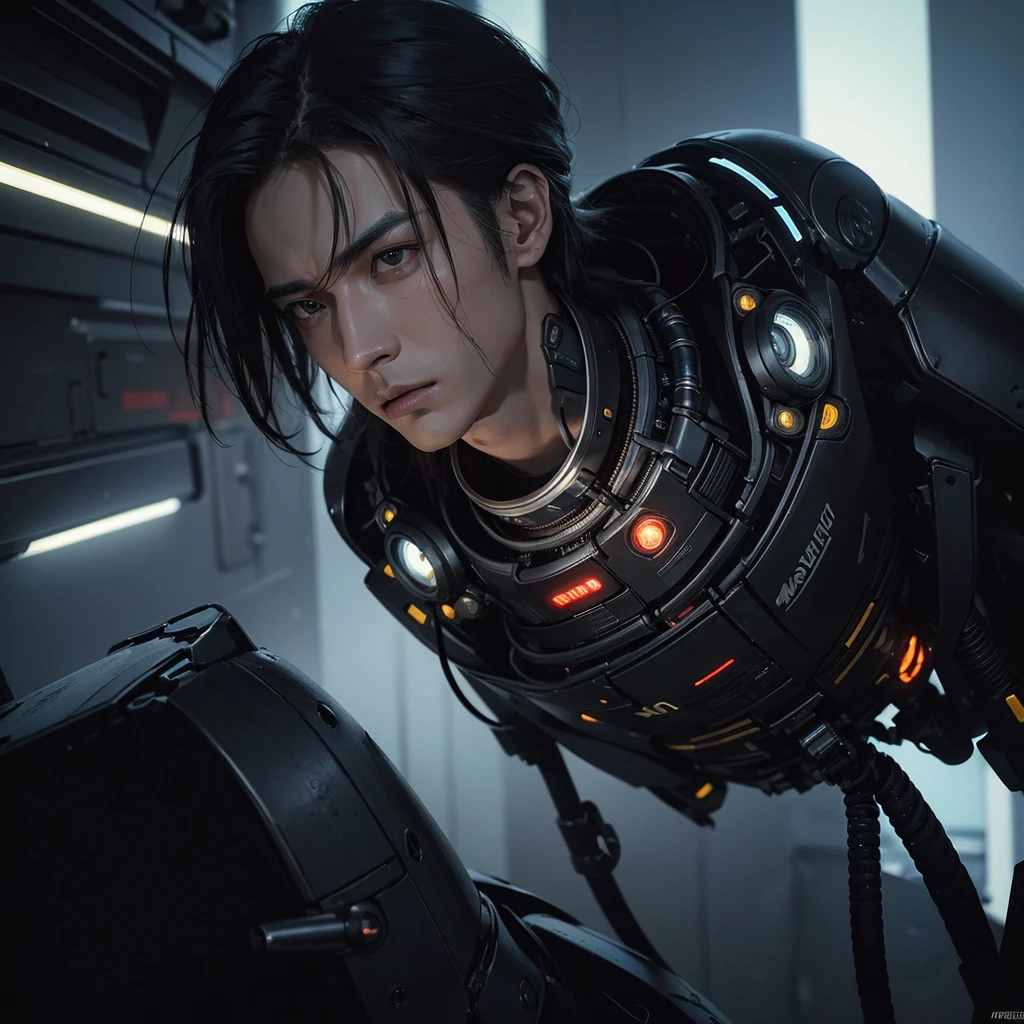 Asian male face mechanical male resolute face handsome male high quality male guide line, bright palette, Highly professional, Dramatic Lighting, Extremely beautiful:1.4), (complex details, masterpiece, best quality:1.4), Biomechanical Cyberpunk, Cybernetics, Human-machine integration, Dystopia, The encounter between organic and artificial, bright, complex, Looking at the audience, Nicomoli (Nicola Samori) Stylish dynamic pose male male robot side view 45° angle cyberpunk style driver costume driver white background bright lights ,Front, facing the camera,light is from upper right