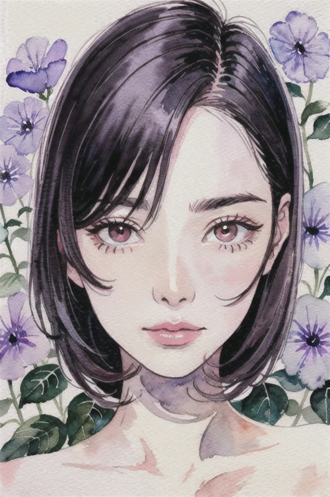 (Watercolor:1.2),One Girl, solo, Floral, morning glory, Portraiture, Bans, Layered Bob, morning glory is blooming a lot, Red eyes, Hair between the eyes, Don't wear hair ornaments、Attractive face、A beautiful woman who is like a goddess and attracts everyone、Completely naked、topless、Nipples are visible
