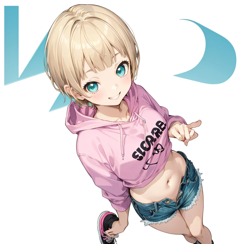 First Job, Better Quality, 1. garota Laughter, Short Mash Hair、short hair、Blonde Hair Color、Turquoise Eyes、Pink hoodie、Belly button、Denim hot pants、Black sneakers、, a bit , a bit, Laughter (Solo Girl)、look up、The camera is from above、Bangs straight、Please draw the fingers in detail.