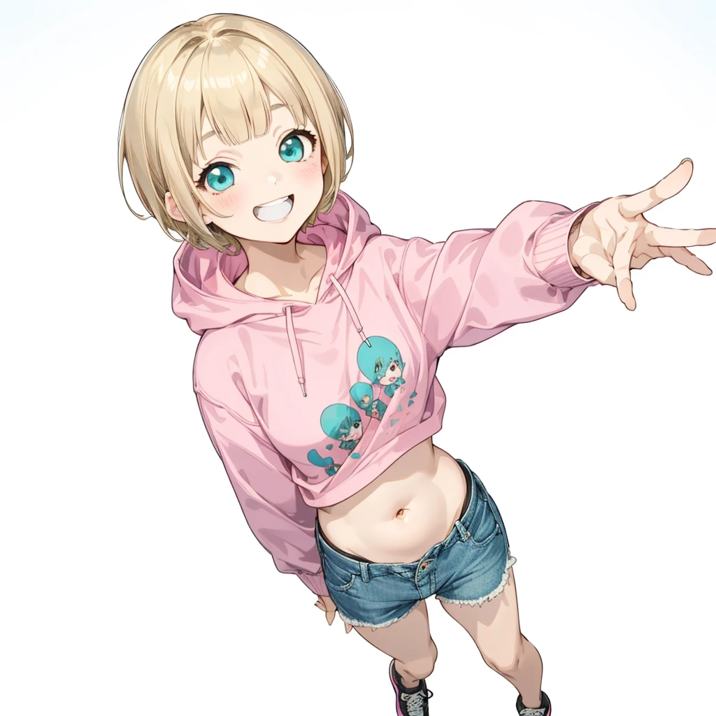 First Job, Better Quality, 1. garota Laughter, Short Mash Hair、short hair、Blonde Hair Color、Turquoise Eyes、Pink hoodie、Belly button、Denim hot pants、Black sneakers、, a bit , a bit, Laughter (Solo Girl)、look up、The camera is from above、Bangs straight、Please draw the fingers in detail.